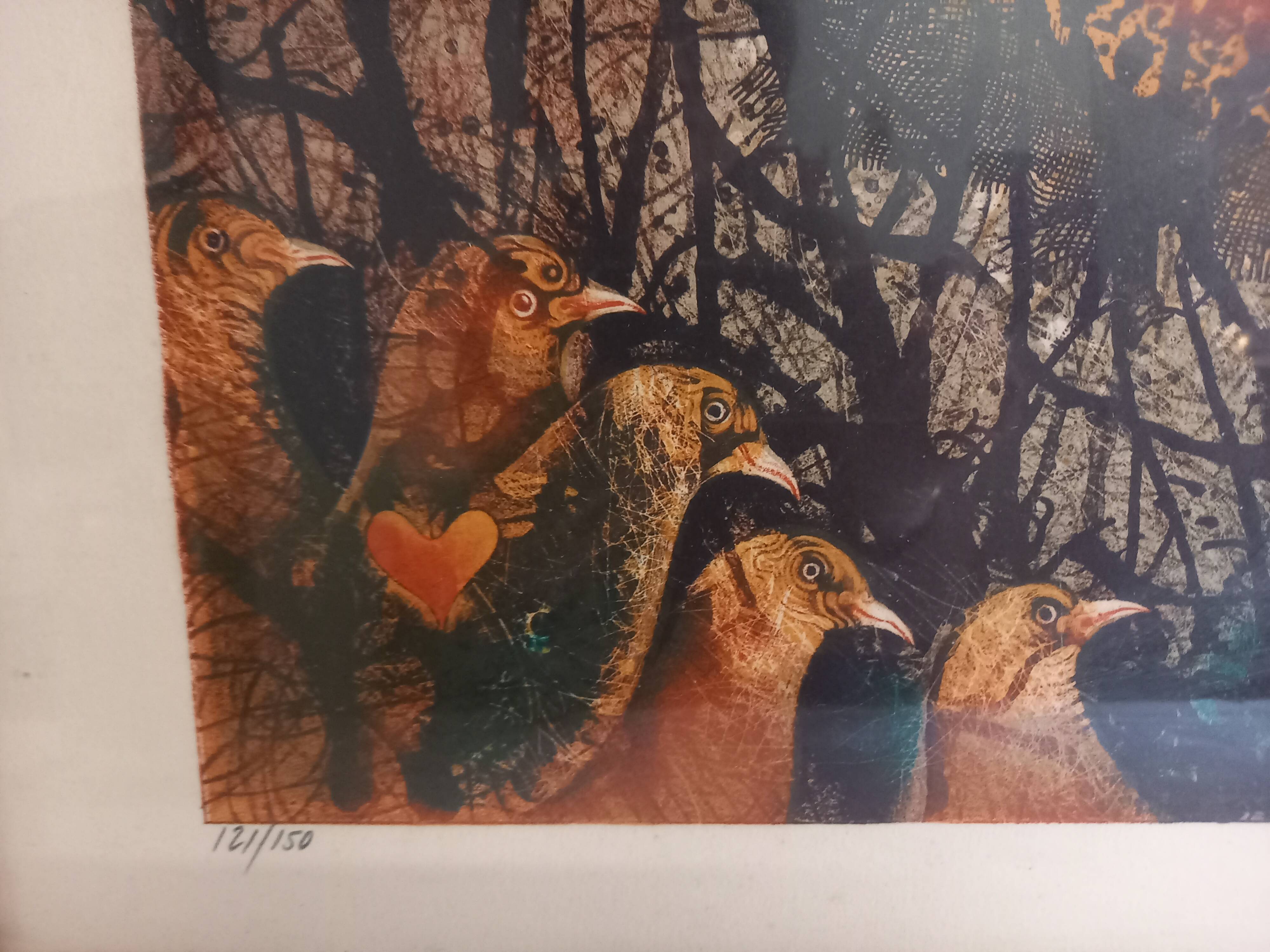 Original lithograph by Pierre-Henri Jacquot (1929-2009), birds and sun, framed and signed