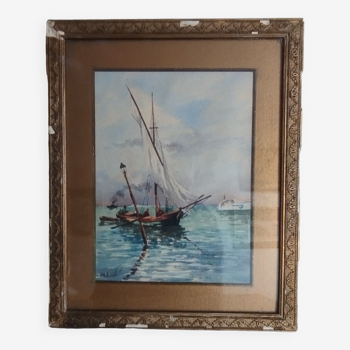 Tableau Aquarelle "Marine " peinture d'époque 19ème, signée.
