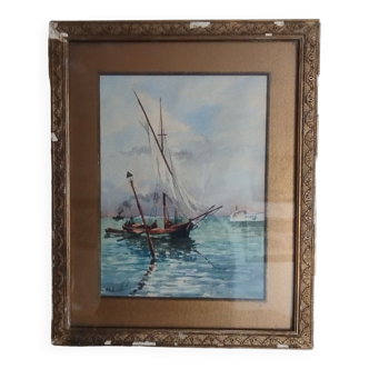 Tableau Aquarelle "Marine " peinture d'époque 19ème, signée.