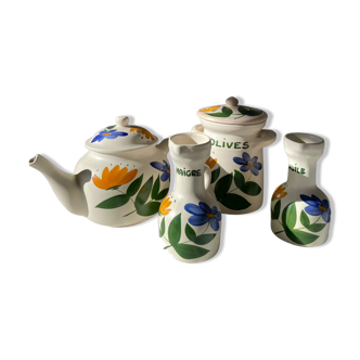 Set of Poteries du Marrais, teapot, oil, vinegar maker, olive pot