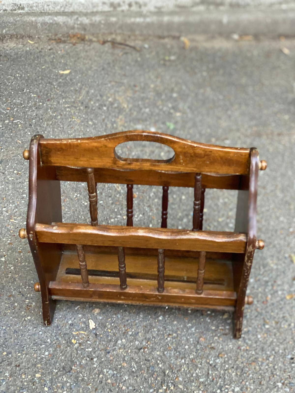 Vintage magazine rack, solid wood document holder with handle