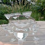 11 bottle-bottom bistro glasses with silver edging, early 20th century
