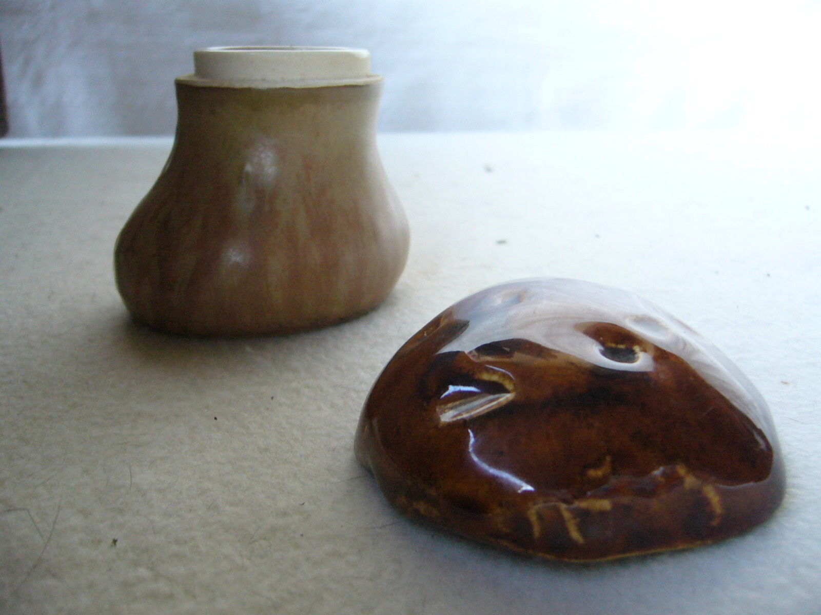 Signed ceramic mustard pot in the shape of a cep