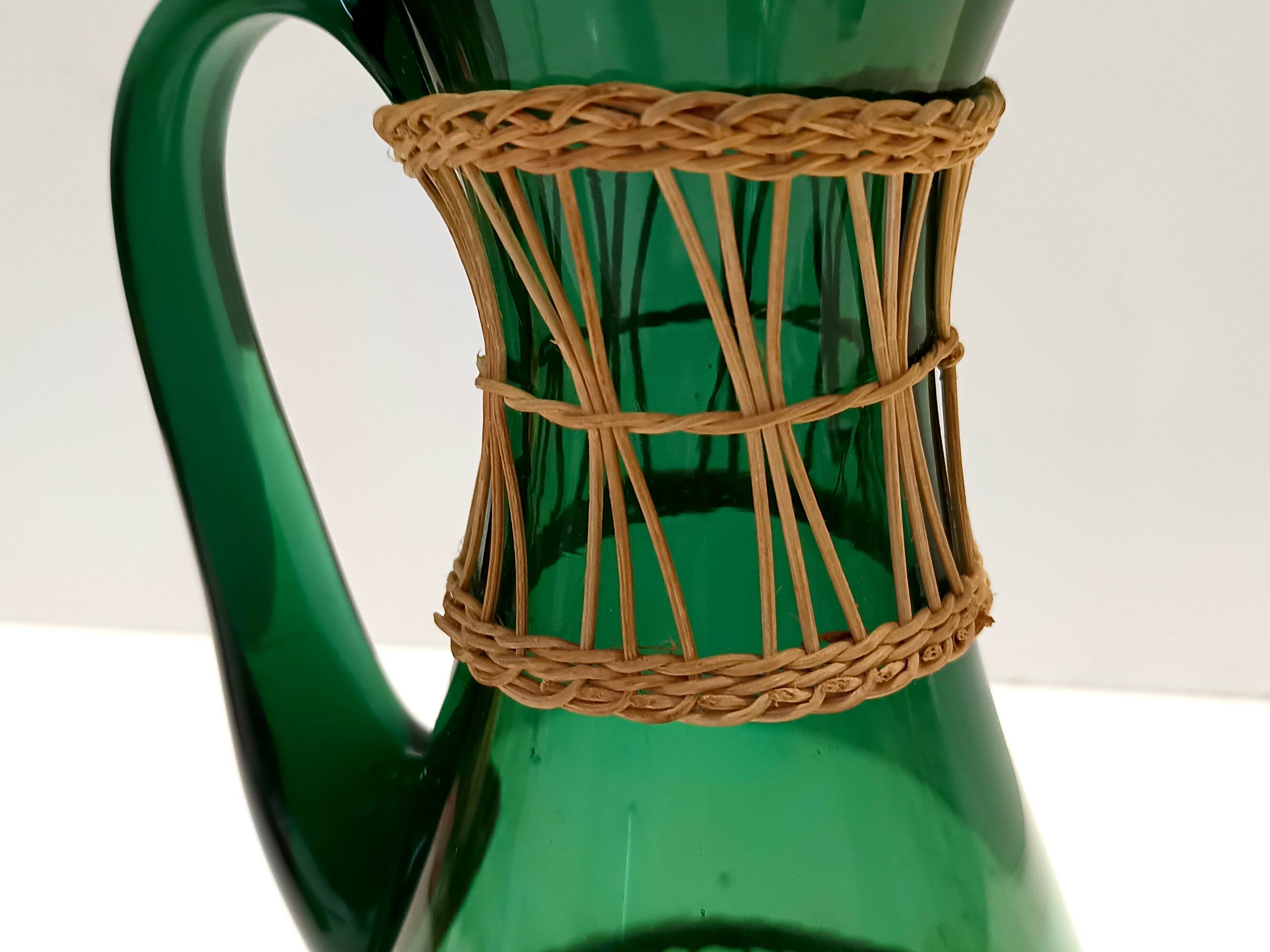 Green Hand Blown Glass and Wicker Jug / Vase, Empoli, Italy