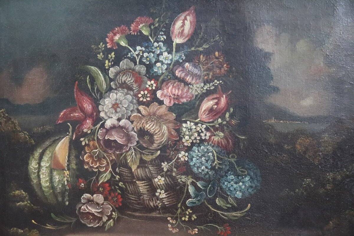Still Life With Flowers, Oil On Canvas, Italy 18th Century