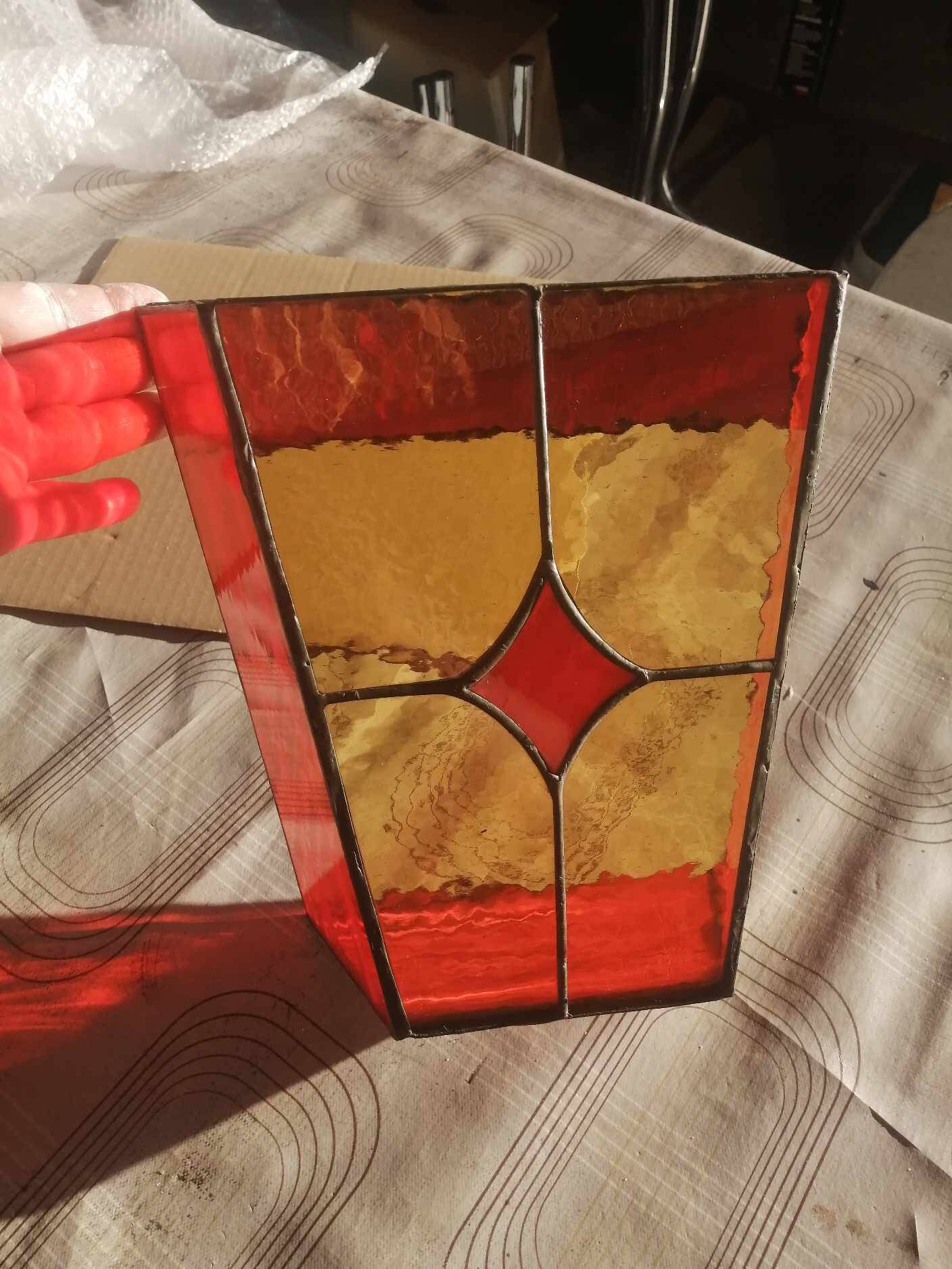 Pair of vintage stained glass and glass paste wall lights.