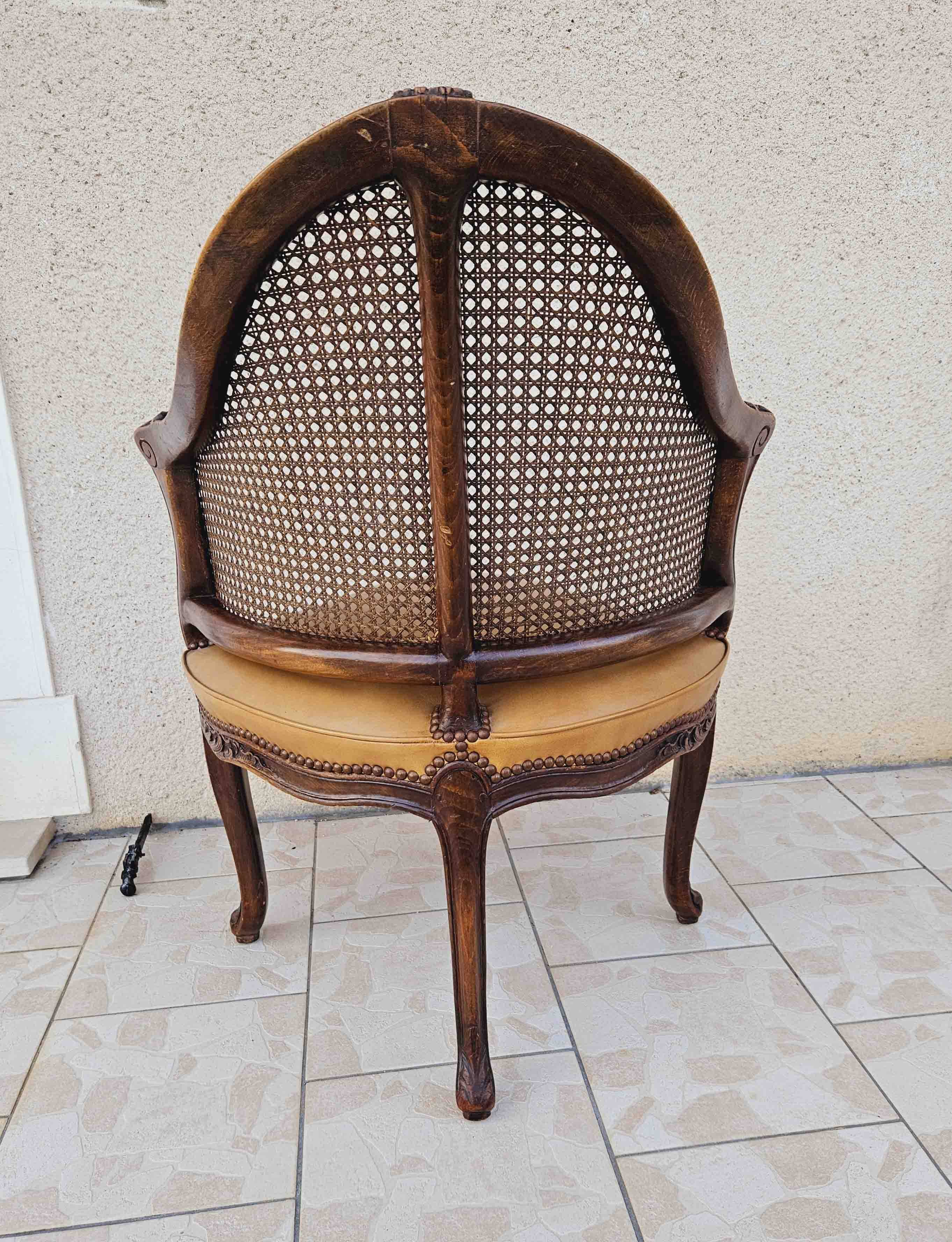 Louis xv office armchair, carved, cane, leather trimmed