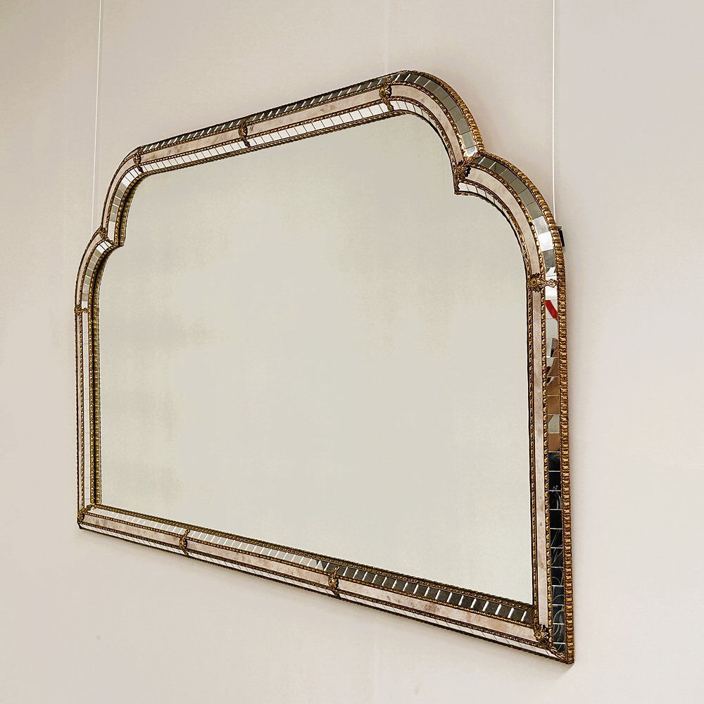 Large Spanish gilt brass & smoked mirror decorative wall mirror, 1980s