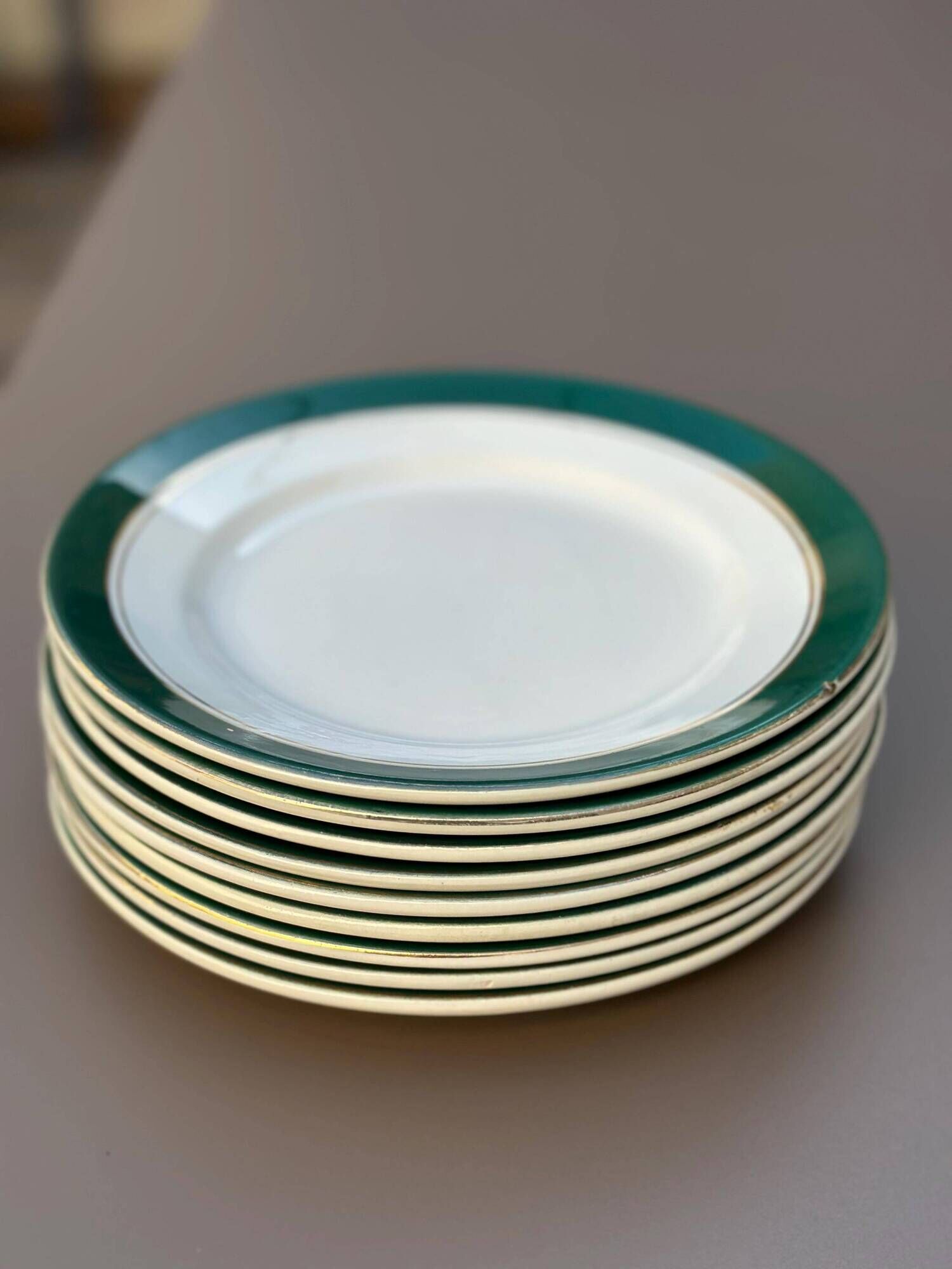 Dessert plates earthenware Digoin Sarreguemines Savoie green/gold, set of 9