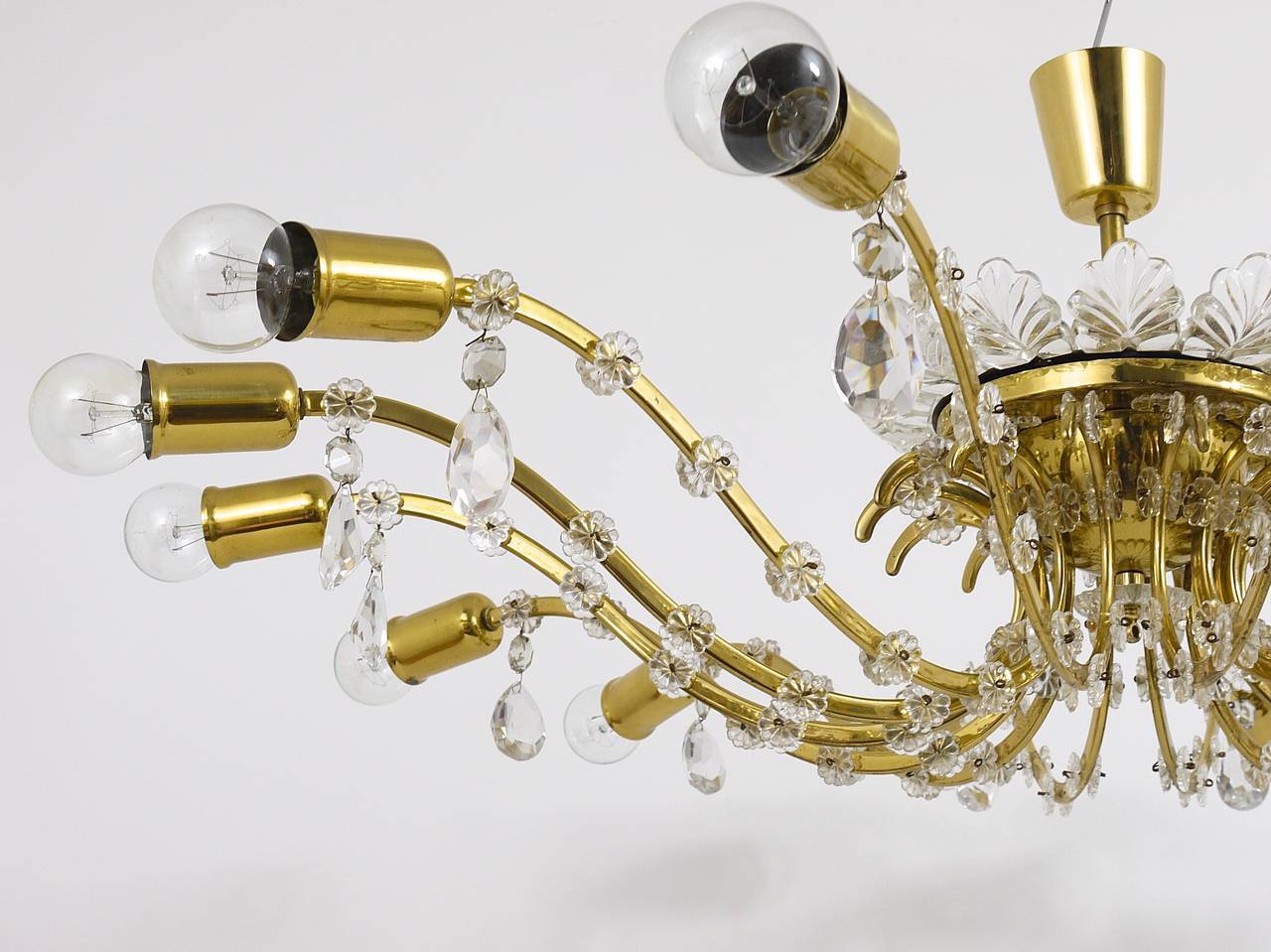 Mid-century floral brass and crystal chandelier by Lobmeyr, 1950s, Austria.