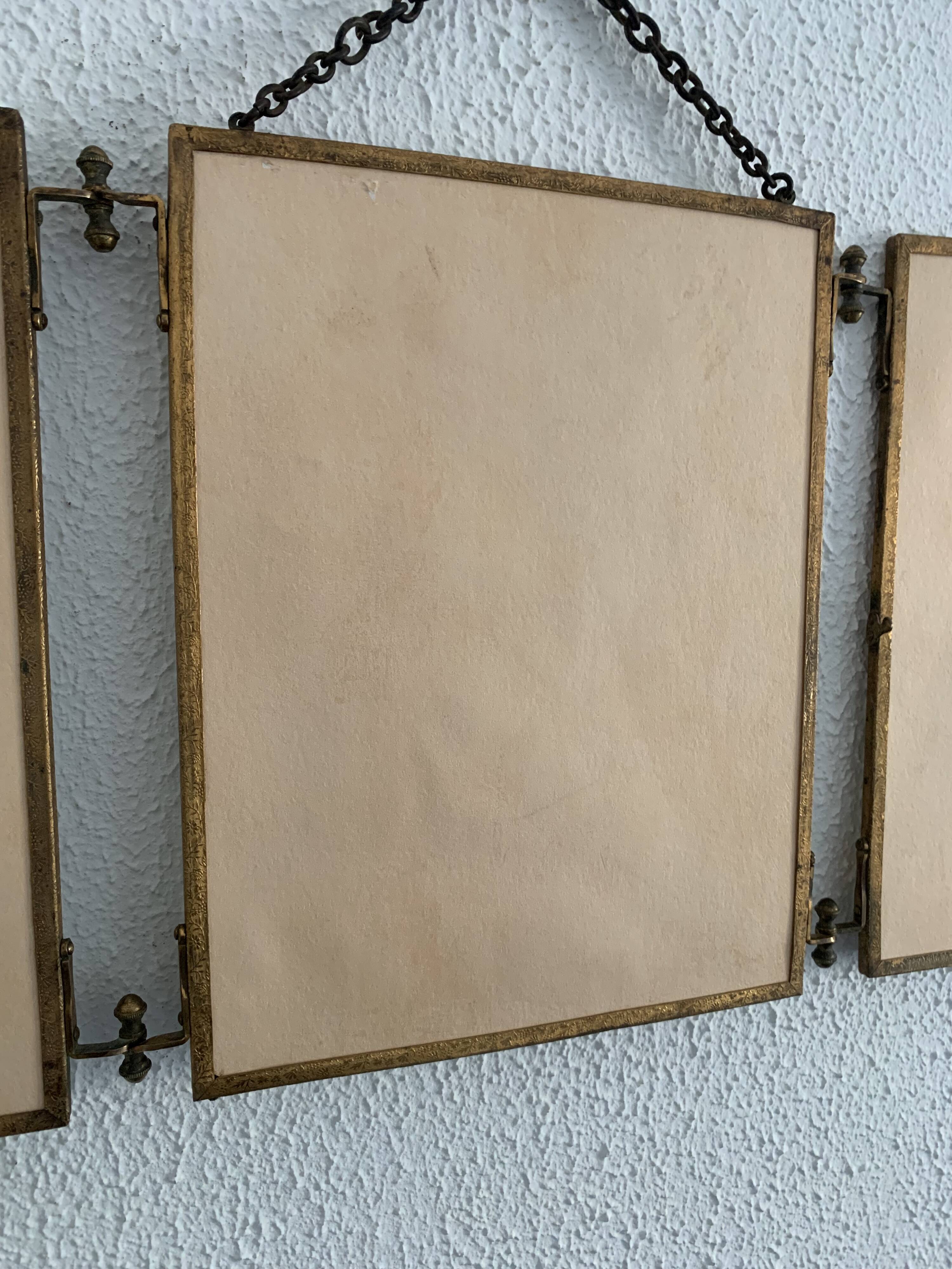 Vintage mirror 1900 triptych barber dressing table brass - 27 x 70 cm