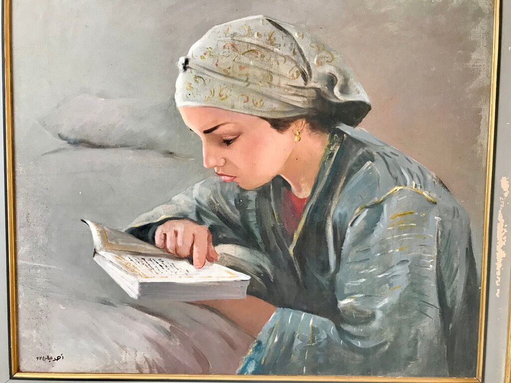 Oil painting on canvas portrait young girl who reads signed