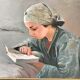Oil painting on canvas portrait young girl who reads signed