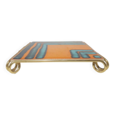Decorative tray, orange, blue, and gold; ceramic and brass; Belgium, 1970s.