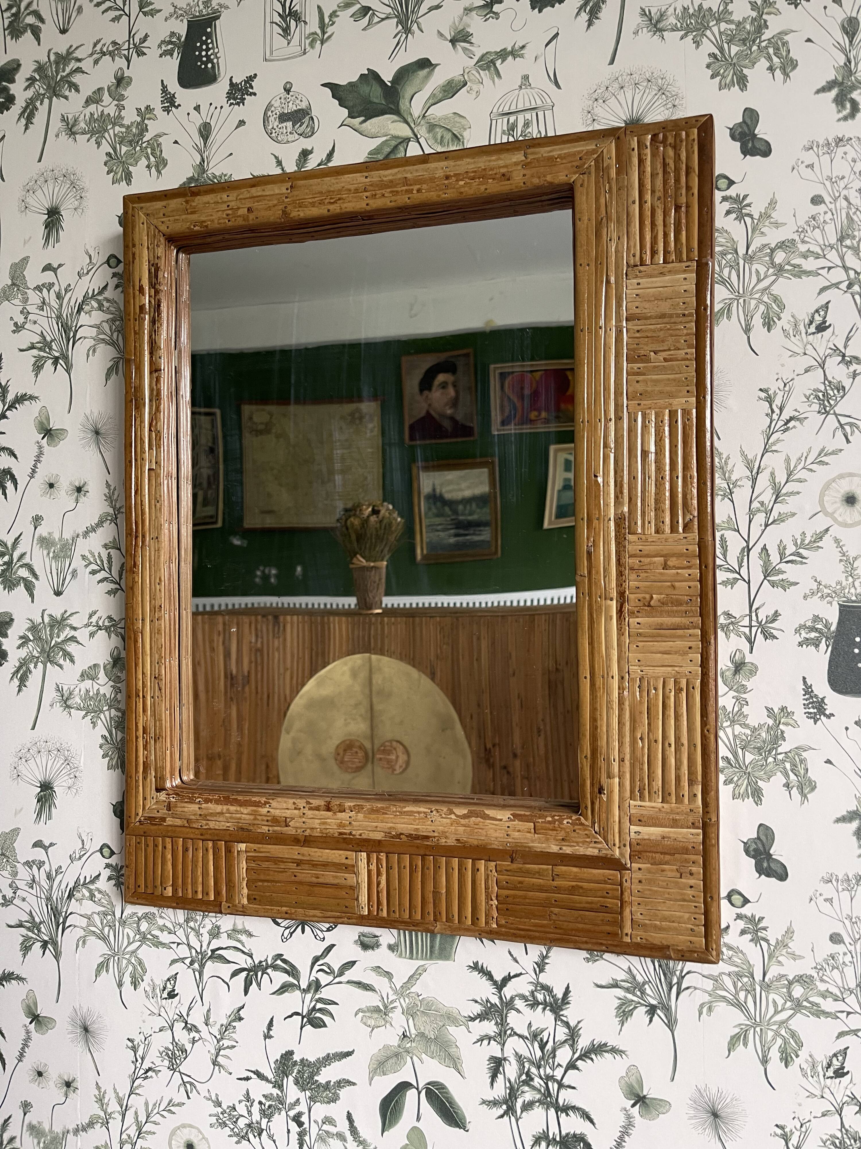 Miroir mural rectangulaire en rotin