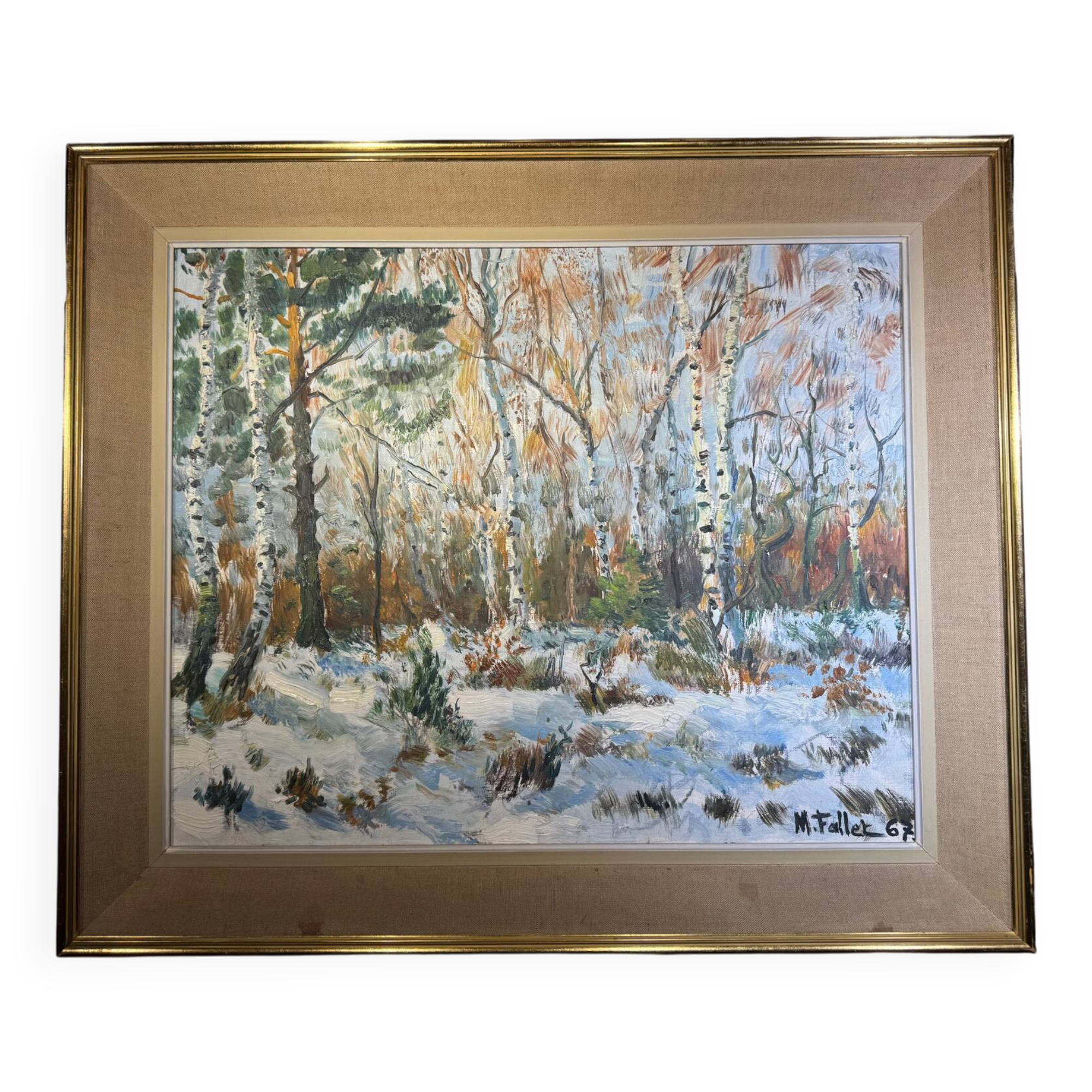 Antique painting, landscape under the snow, signed Fallet 1967