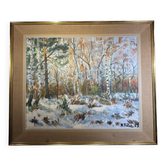 Antique painting, landscape under the snow, signed Fallet 1967