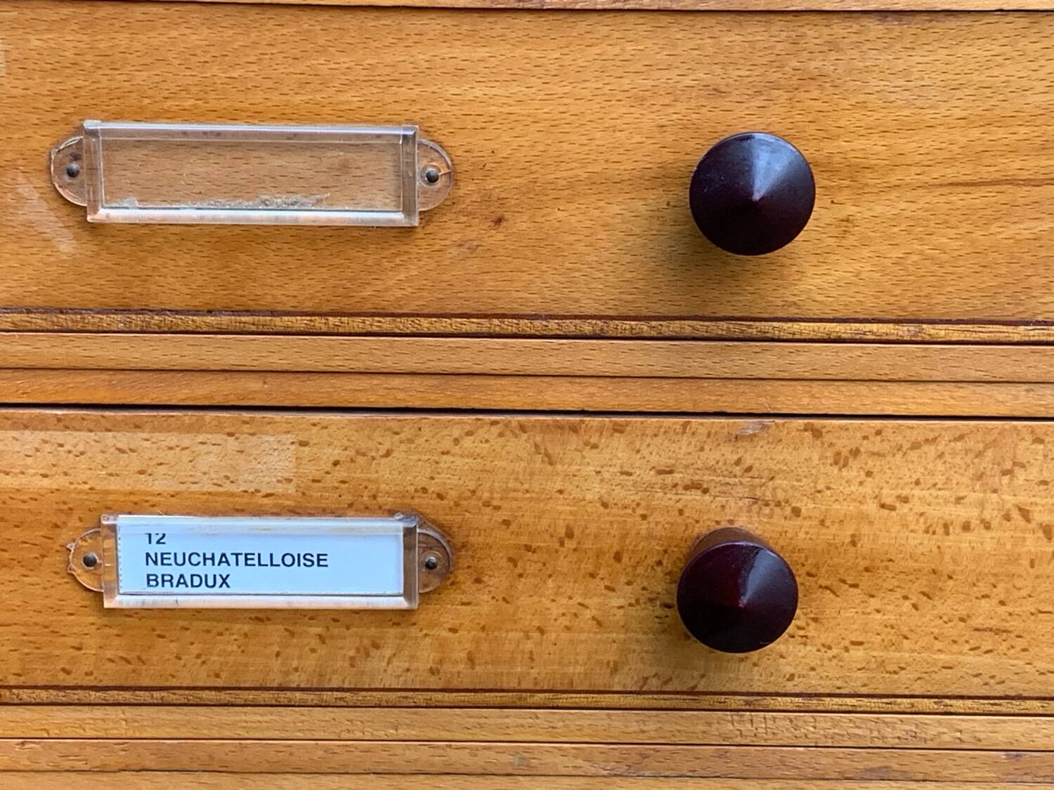 Vintage drawer cabinet with Bakelite knobs from the 1950s.