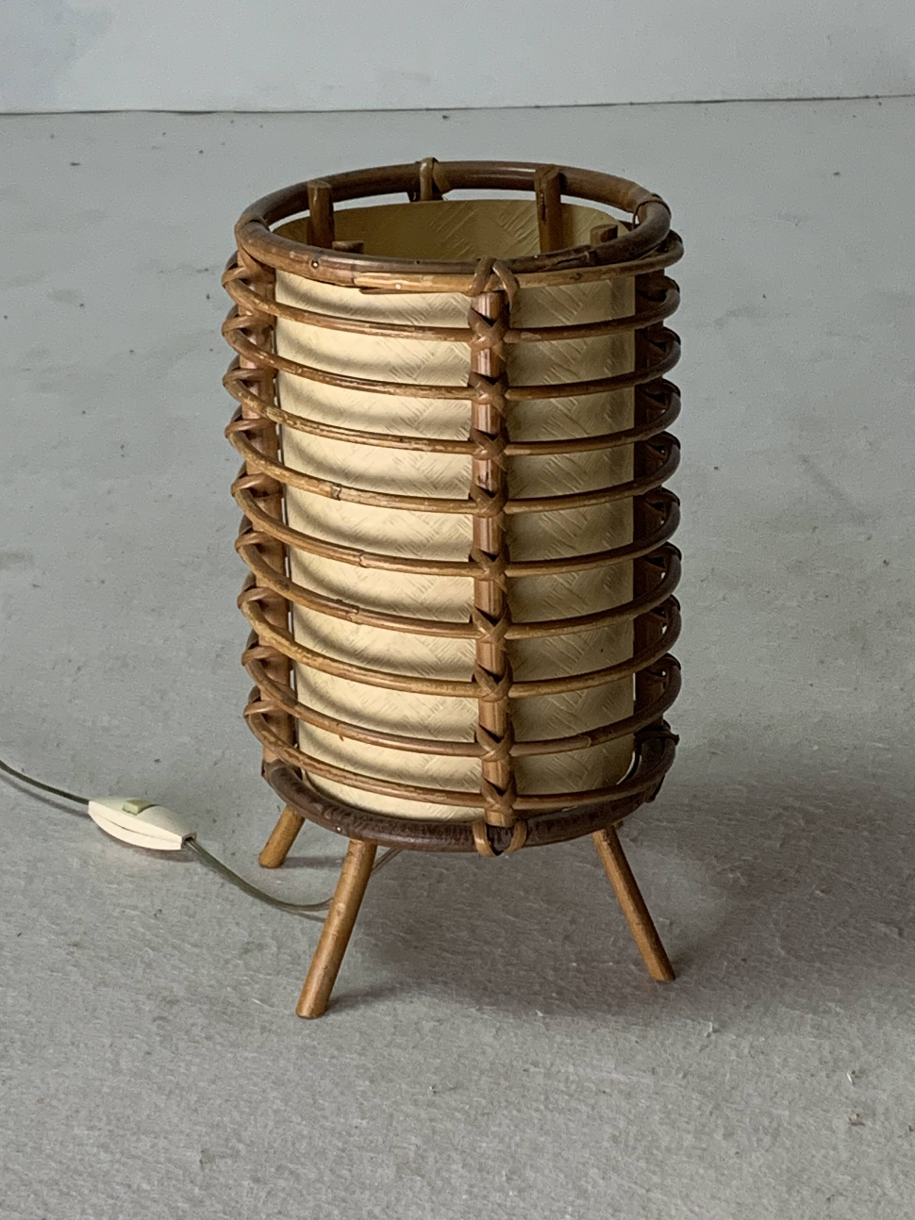 Bamboo cylindrical table lamp by Louis Sognot, France 1950s