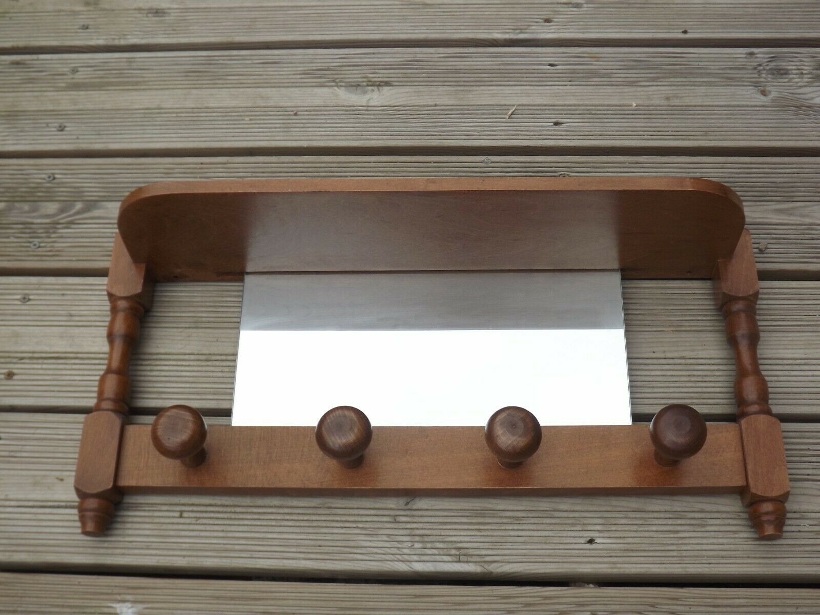 Vintage wooden wall coat rack with mirror and hooks, French, 3529