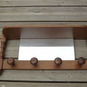 Vintage wooden wall coat rack with mirror and hooks, French, 3529