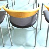 Series of 6 danish armchairs in stainless steel and wood, dark brown leather seats from the 1990s