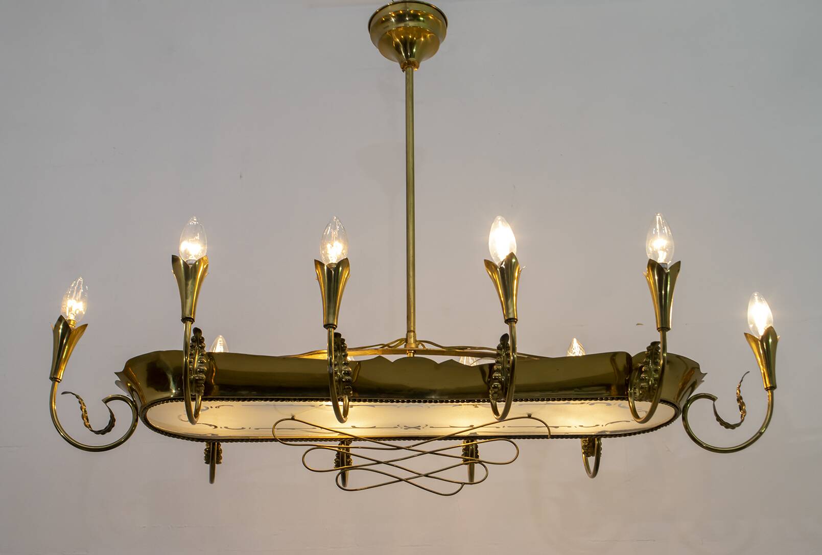 After Pietro Chiesa Italian Brass 12 Lights Candelier Fontana Arte
