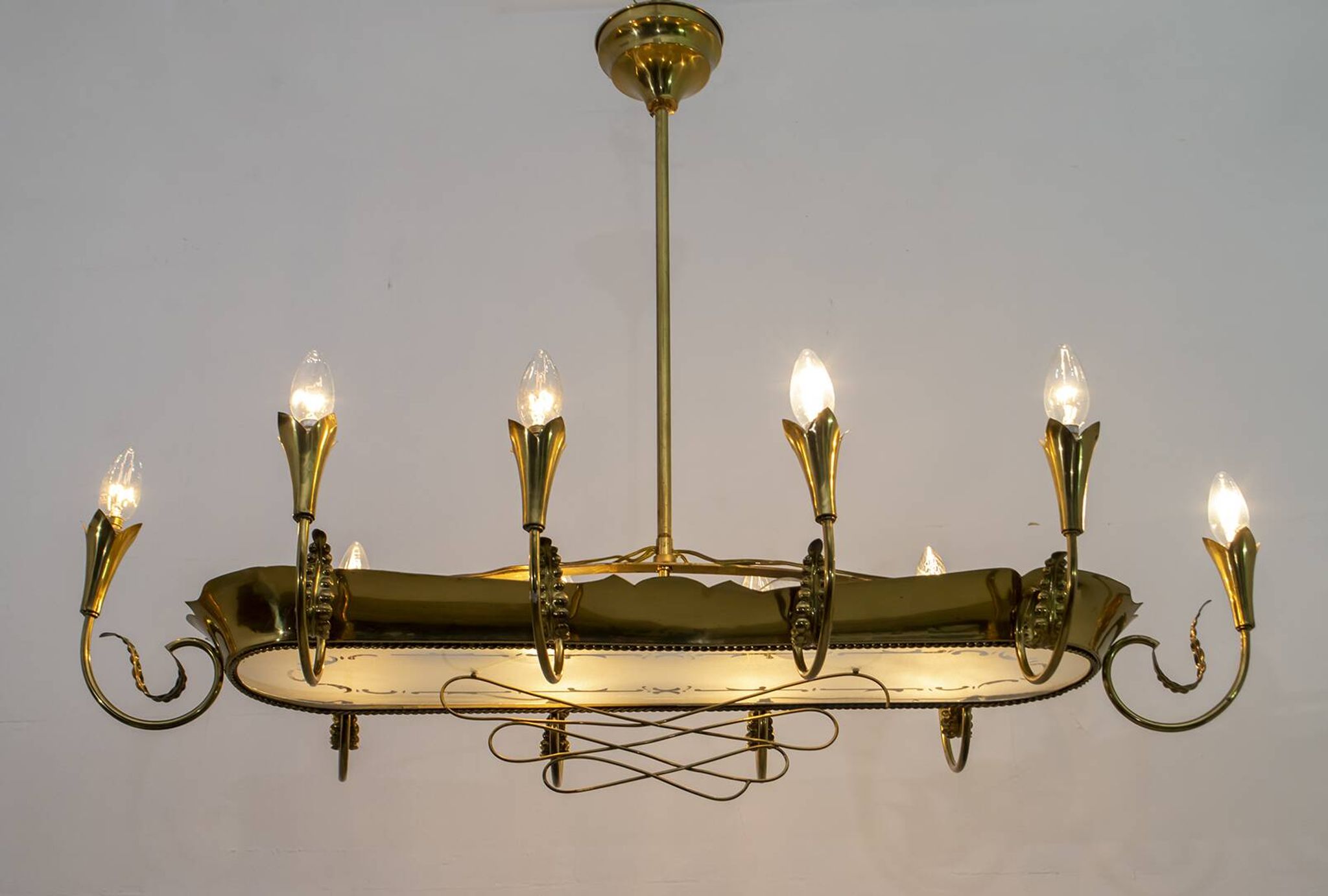 After Pietro Chiesa Italian Brass 12 Lights Candelier Fontana Arte