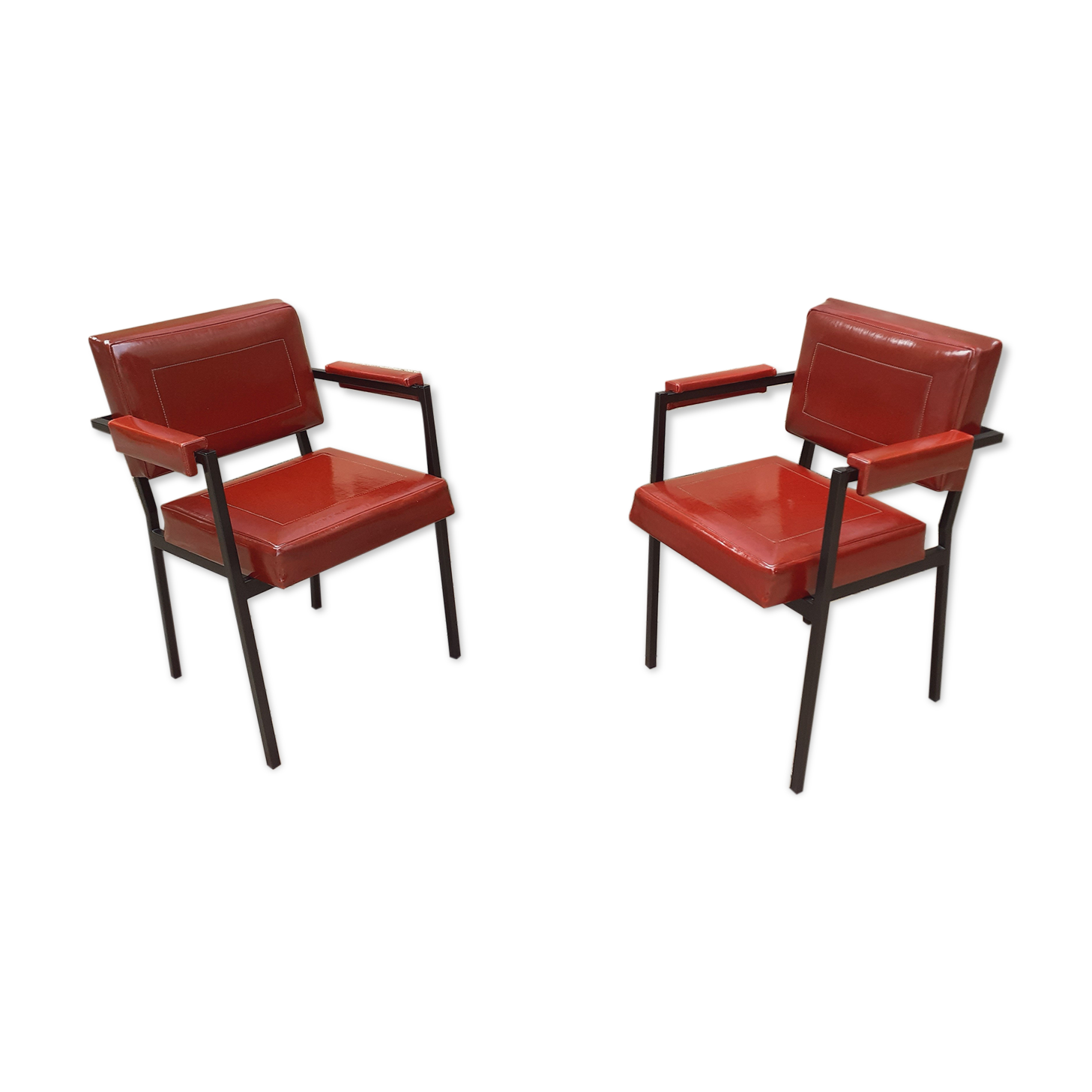 Pair of vintage armchairs year 60 imitation leather burgundy