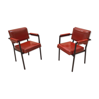 Paire de fauteuils vintage année 60 simili cuir bordeaux