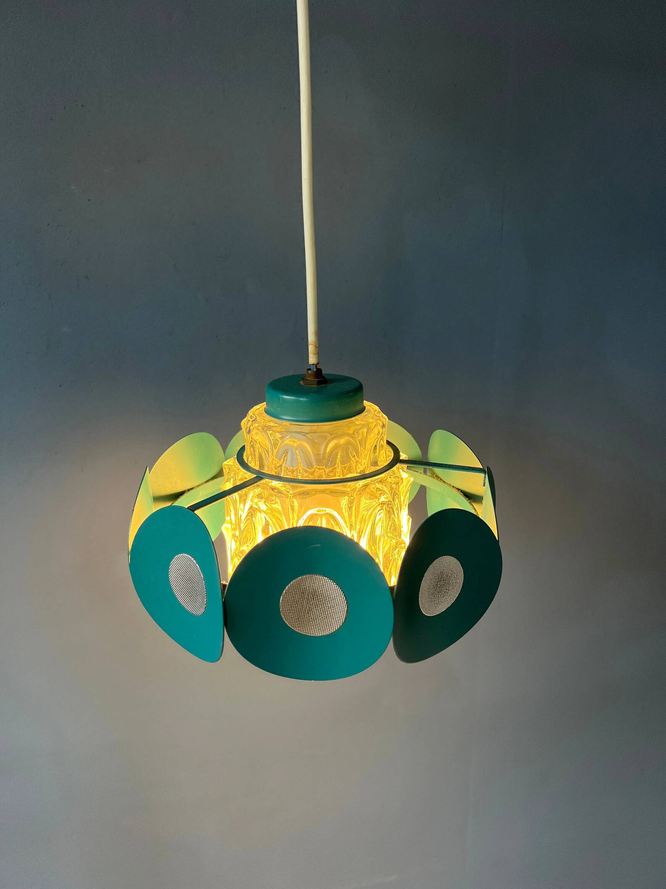 Suspension Space Age with glass shade and green/blue metal structure.