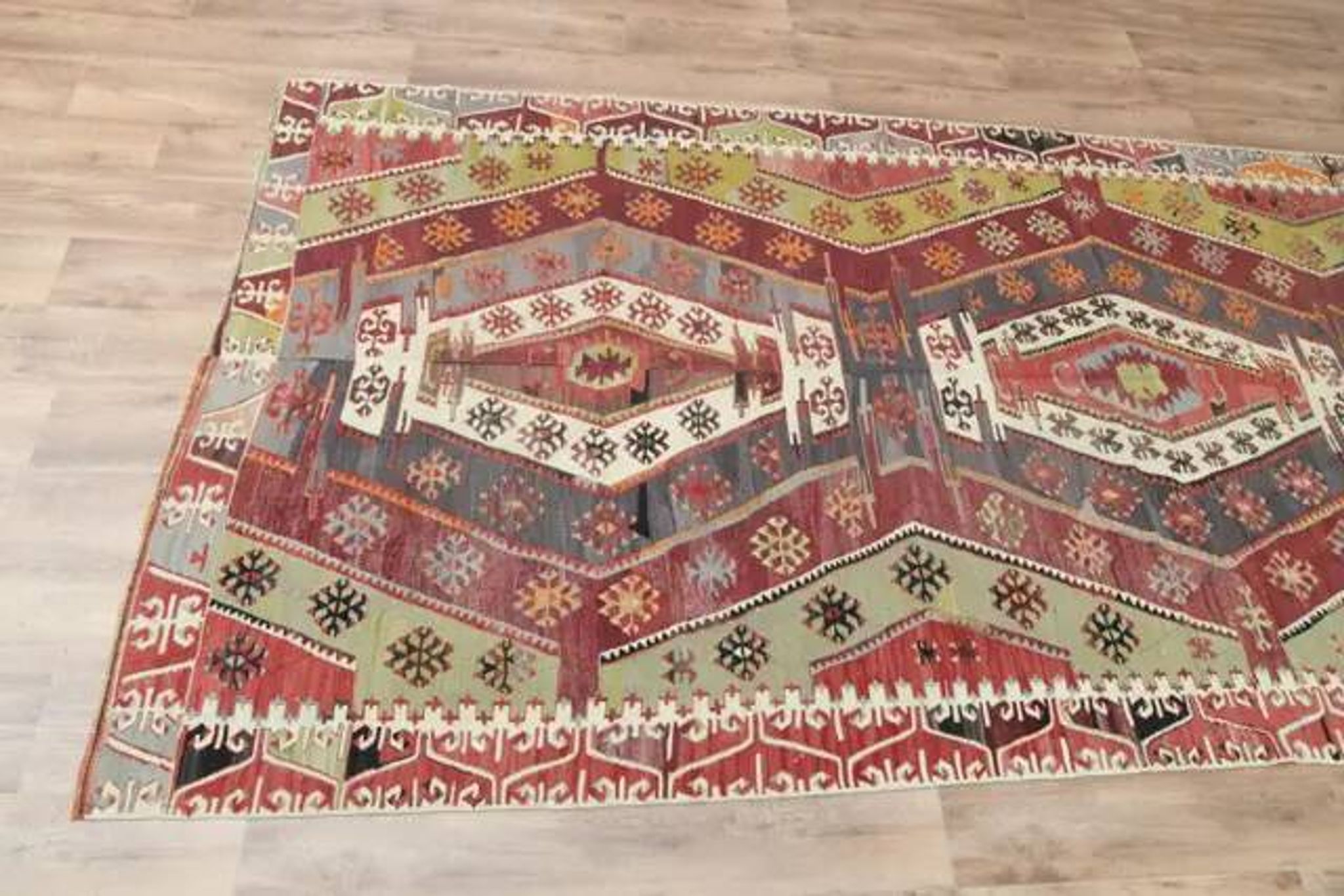 1970s Vintage Turkish Handmade Wool Cotton Colorful Kilim Rug 157x365