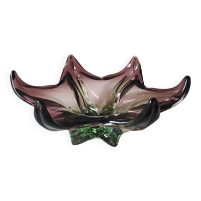 Grand Vide-poche Etoile de Mer/Création Joseph Michael Hospodka/ Verrerie Tchèque Chribska en verre d Art soufflé améthyste/Vert. Diam 24 cm