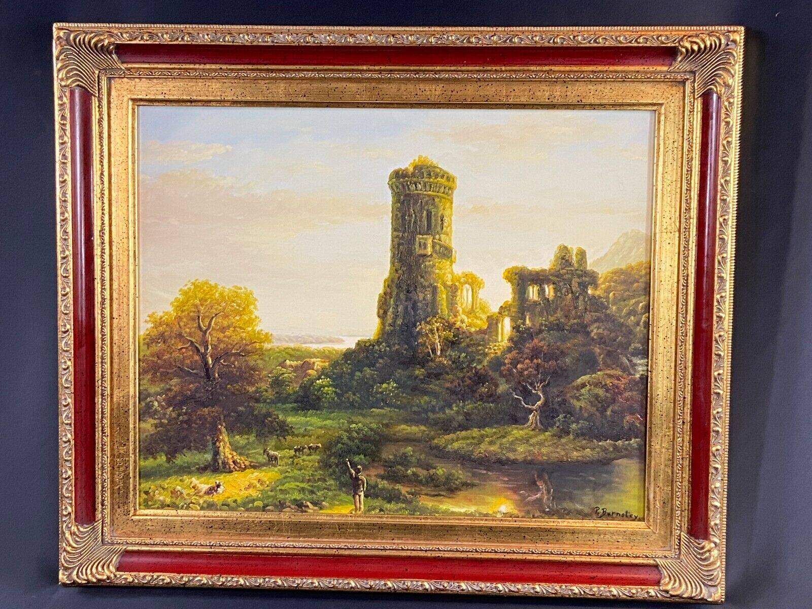 Animated landscape painting with ruined castle signed Burnsley