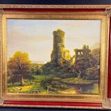 Animated landscape painting with ruined castle signed Burnsley