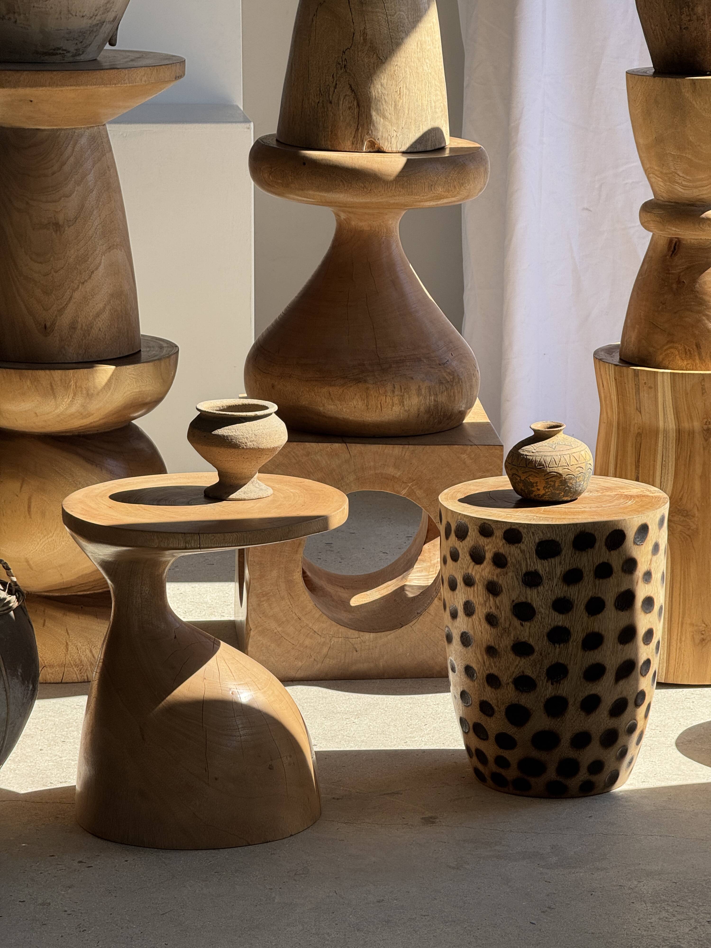 Stool, side table, cylindrical solid mango wood end table.