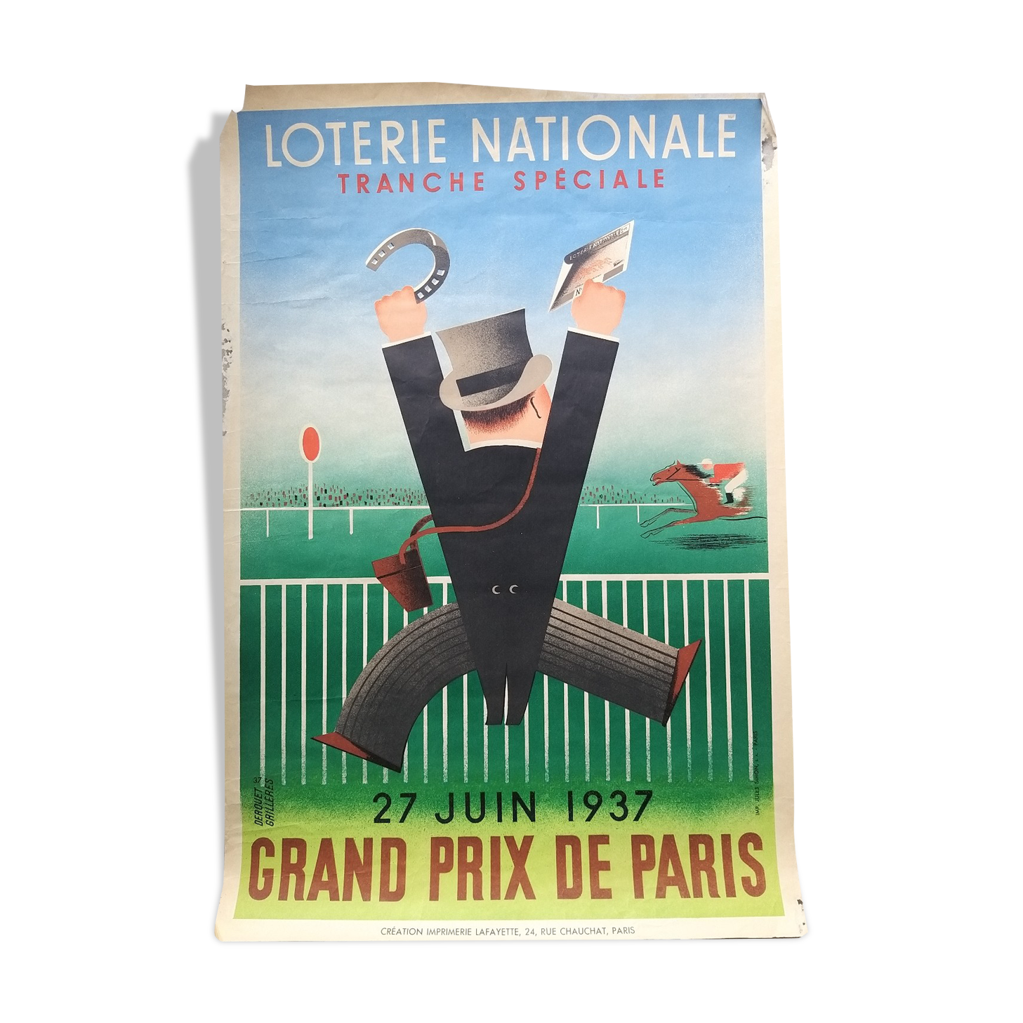 Original poster Loterie Grand Prix de Paris 1937 - Derouet Grilleres