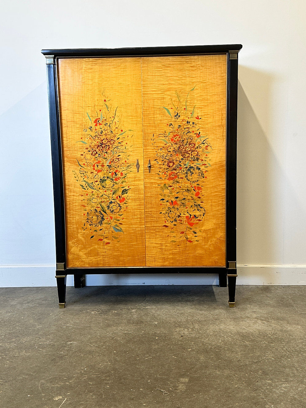 Exquisite 1950s neoclassical sycamore secretaire by Frères De Coene, Belgium.