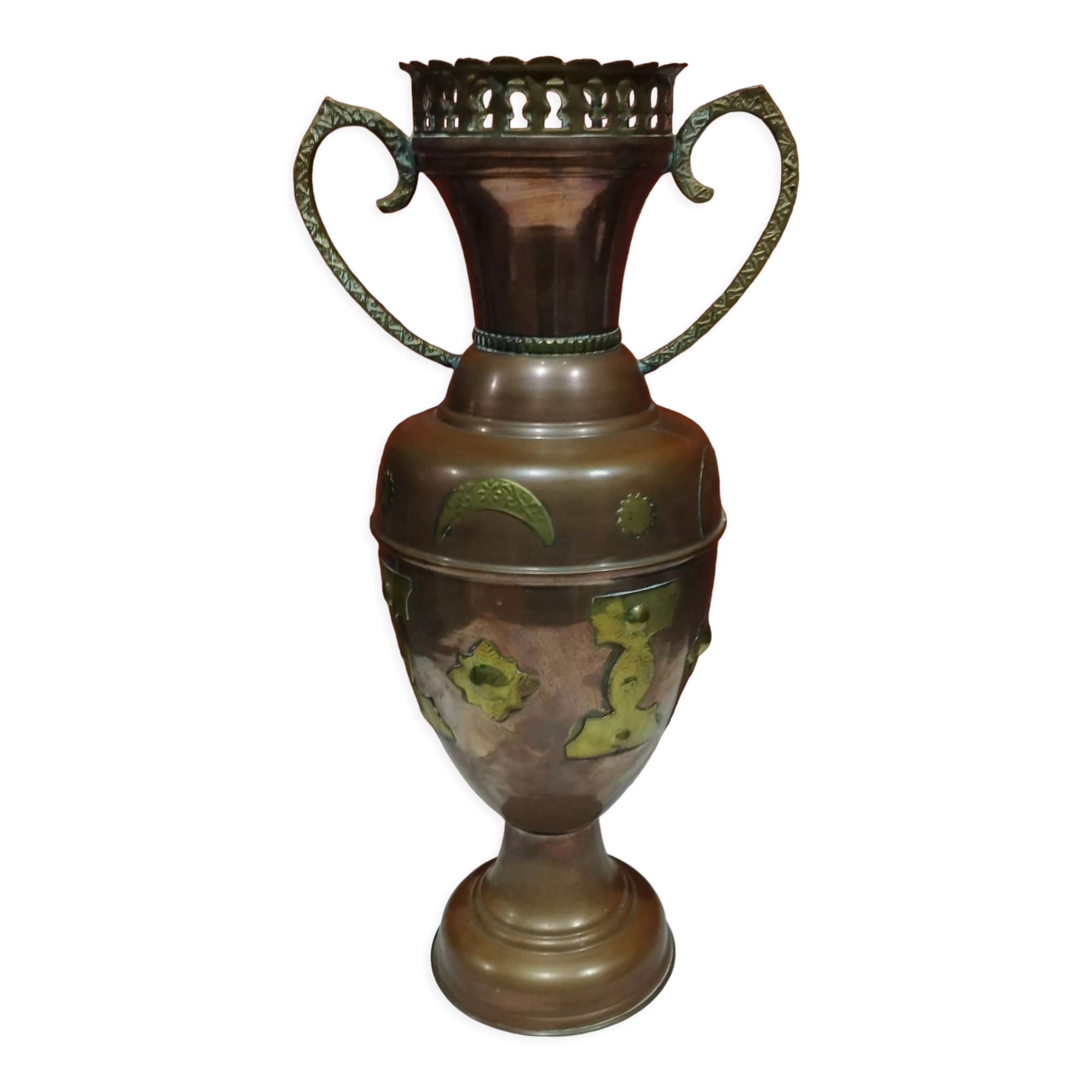 Oriental style vase or copper amphora and brass decoration