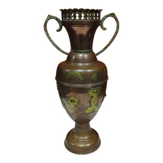 Oriental style vase or copper amphora and brass decoration