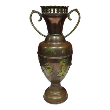 Oriental style vase or copper amphora and brass decoration
