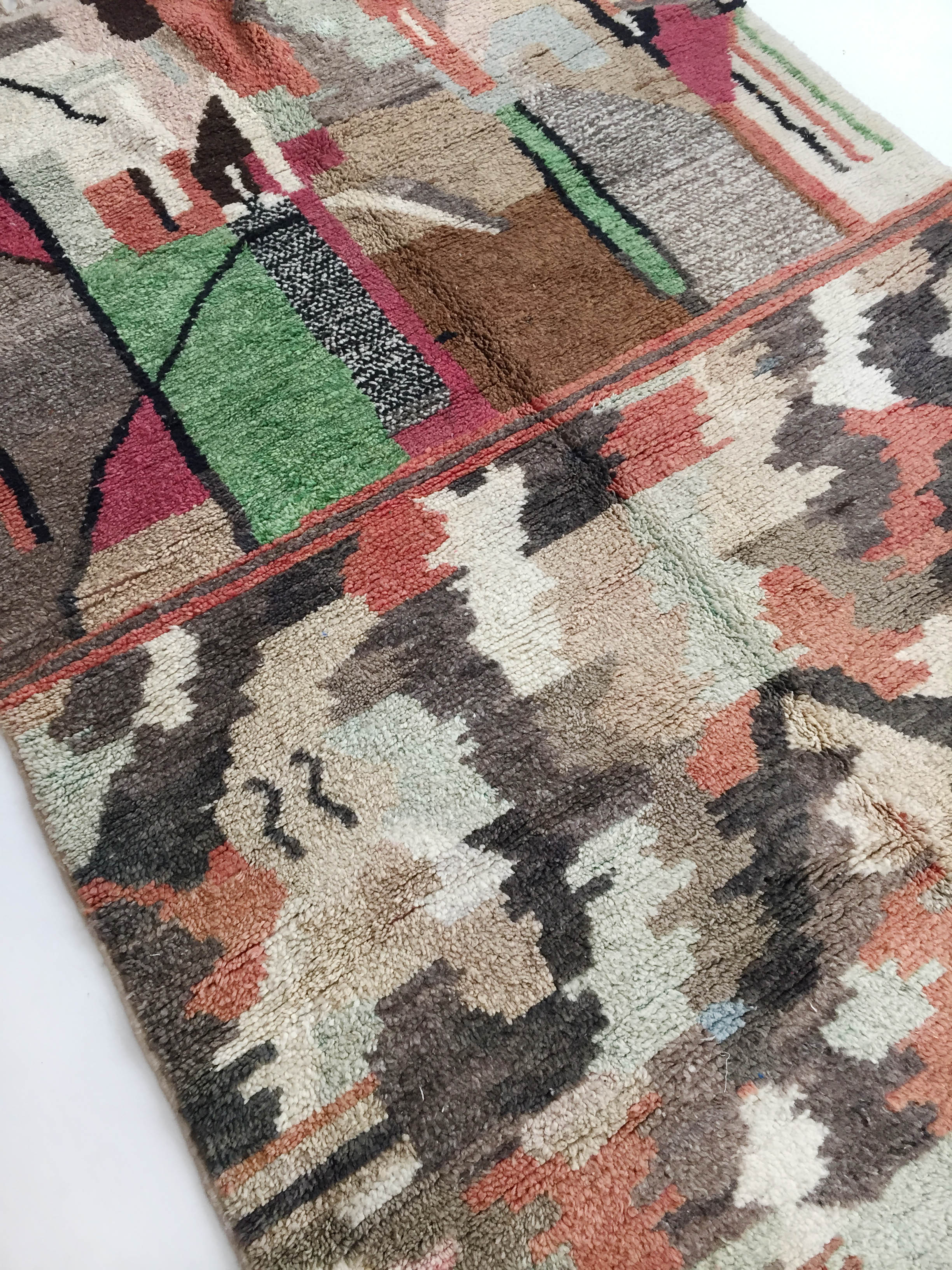 Moroccan Berber boujaad ecru carpet with colorful patterns 303x197cm