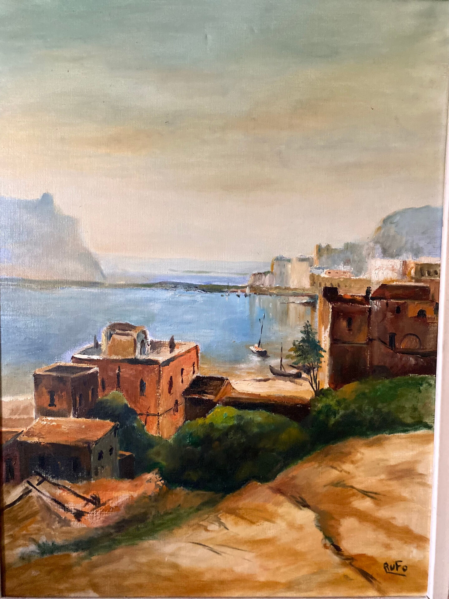Old oil on canvas, Mediterranean port scene signed Rufo.