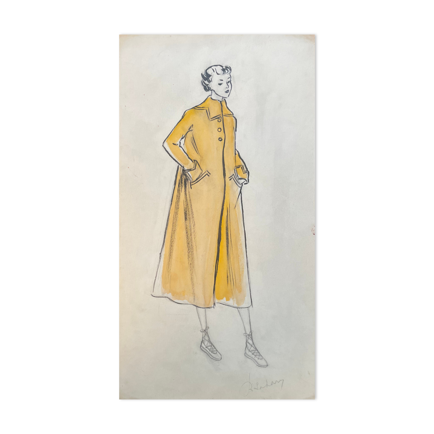 Painting painting fashion drawing woman with yellow coat years 30-50s