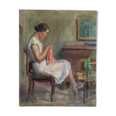 Interior scene, portrait of young girl to the needle, 30 years