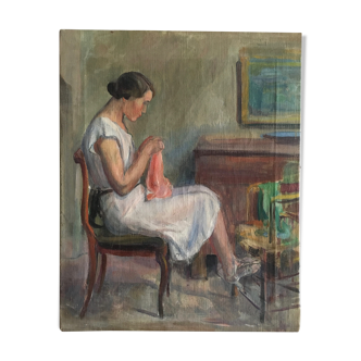 Interior scene, portrait of young girl to the needle, 30 years
