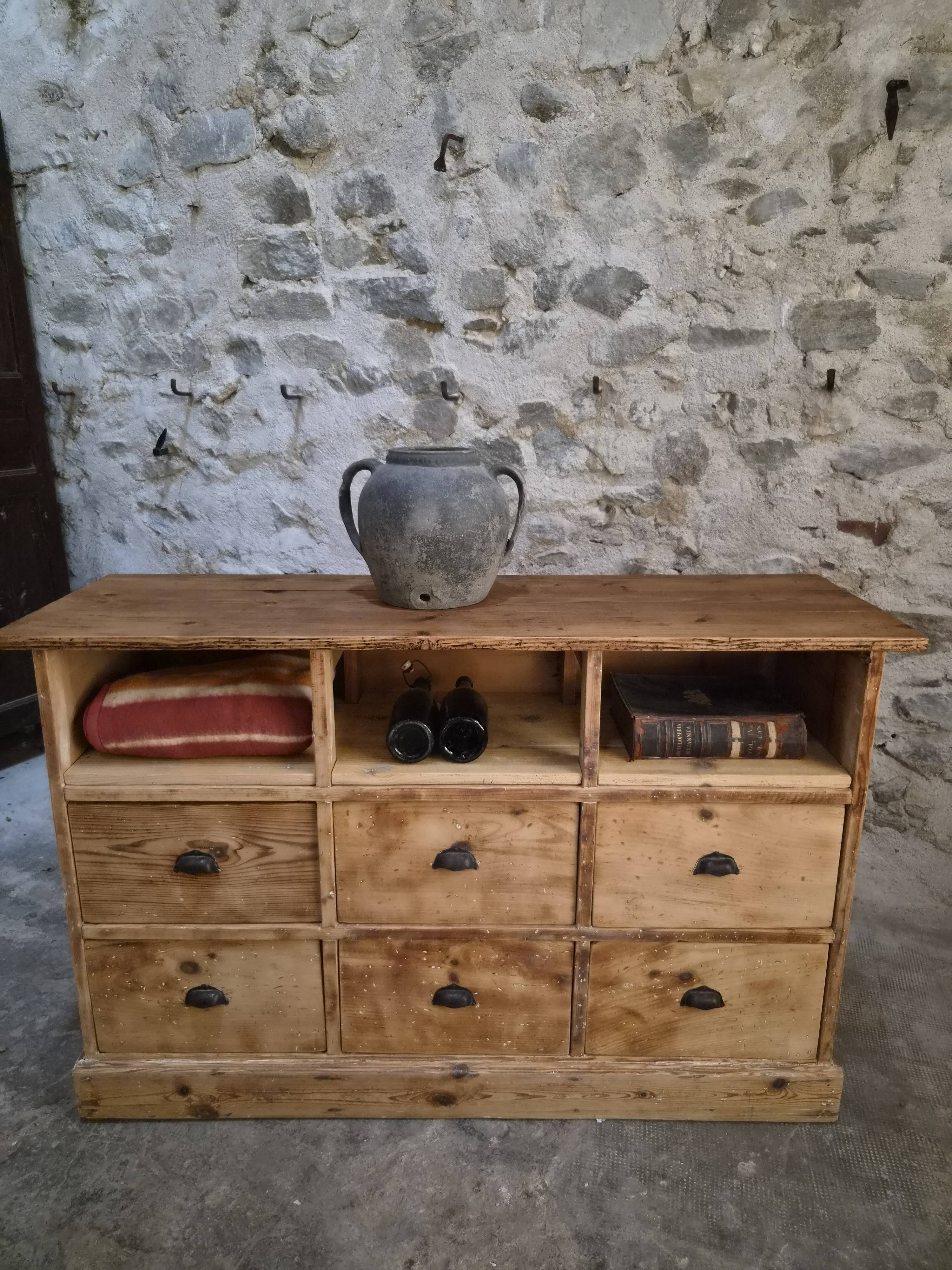 Comptoir de magasin français ancien en pin, meuble à 6 tiroirs, comptoir de magasin, îlot de cuisine, vers 1900