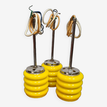 3 Space Age pendant lights in yellow Murano glass Mazzega, Ital 1950 a70 10x12x36