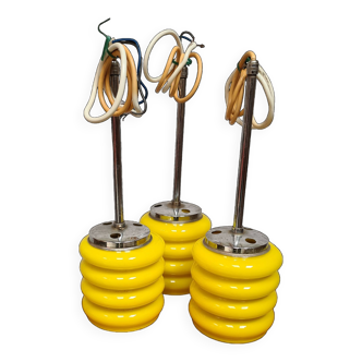 3 suspensions Space Age en verre  jaune de Murano Mazzega, Ital 1950 a70 10x12x36