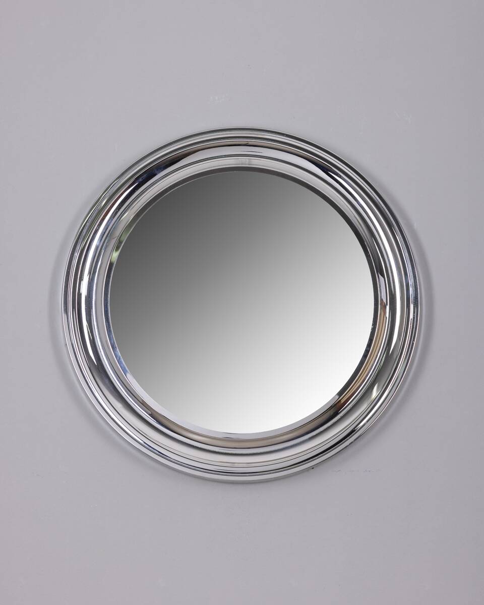 Vintage 1970s round wall mirror in chrome-plated metal, italian design